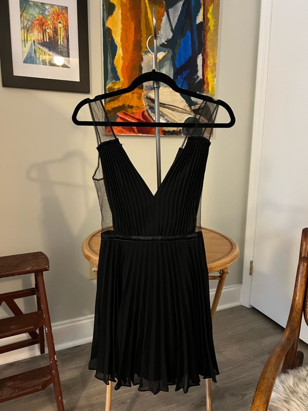 bebe Black Pleated V-Neck Mini Dress